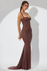 Oh POLLY - Embellished Corset Fishtail Evening Gown in Espresso