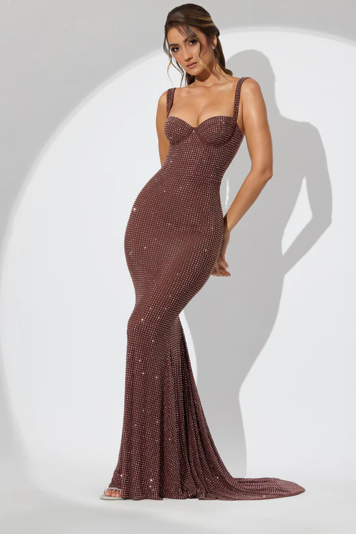 Oh POLLY - Embellished Corset Fishtail Evening Gown in Espresso