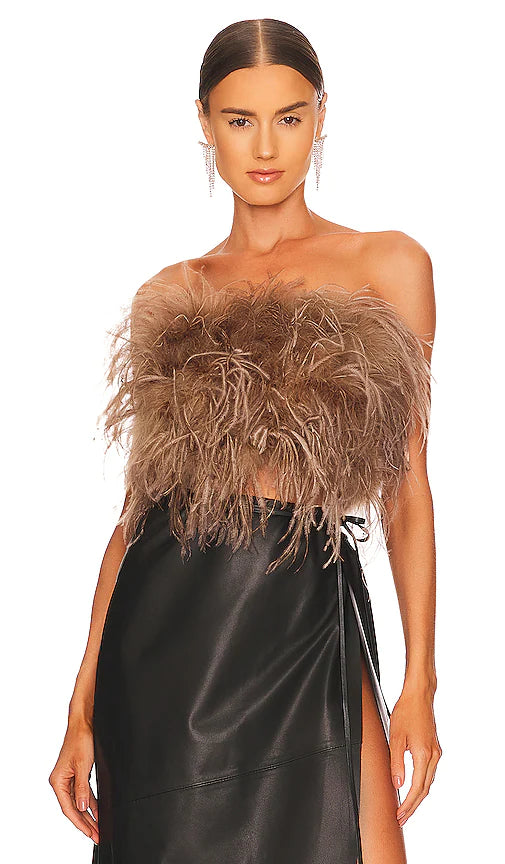 LAMARQUE - Zaina Ostrich Feather Bustier Top In Sirocco