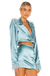 Danielle Guizio -Feathered Double Breasted Cropped Blazer Set