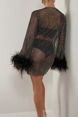 HEIRESS -Black crystal embellished feather trim mini dress