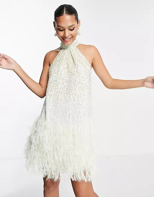 ASOS -ASOS EDITION sequin halter mini dress with faux feather hem in sage green
