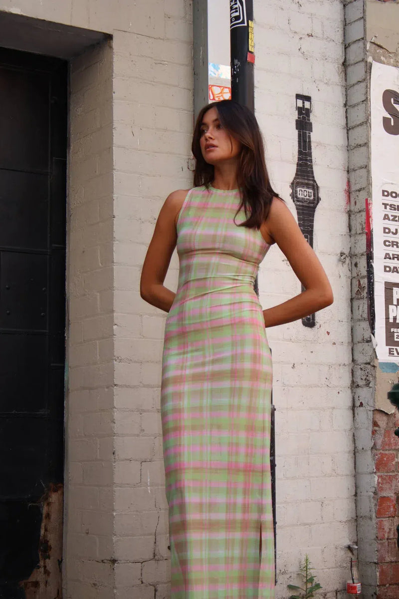 WITH HARPER LU - Plaid Mesh Maxi Dress