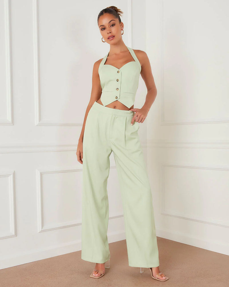 VICI - XANTHE CROPPED HALTER VEST AND POCKETED WIDE LEG PANT SET