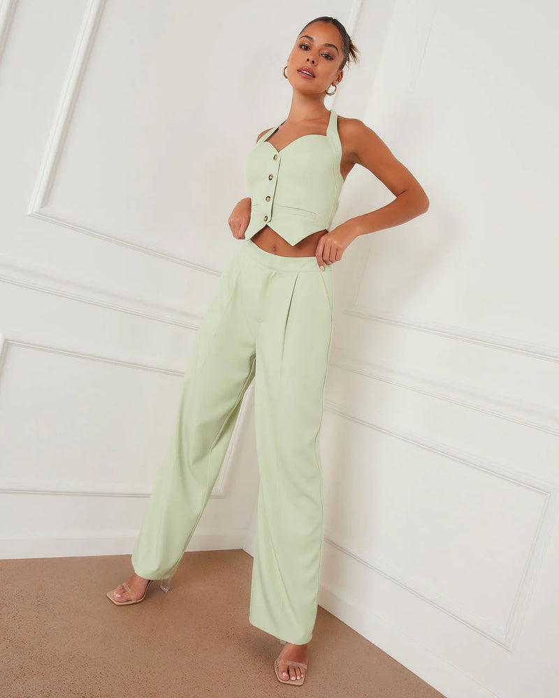 VICI - XANTHE CROPPED HALTER VEST AND POCKETED WIDE LEG PANT SET