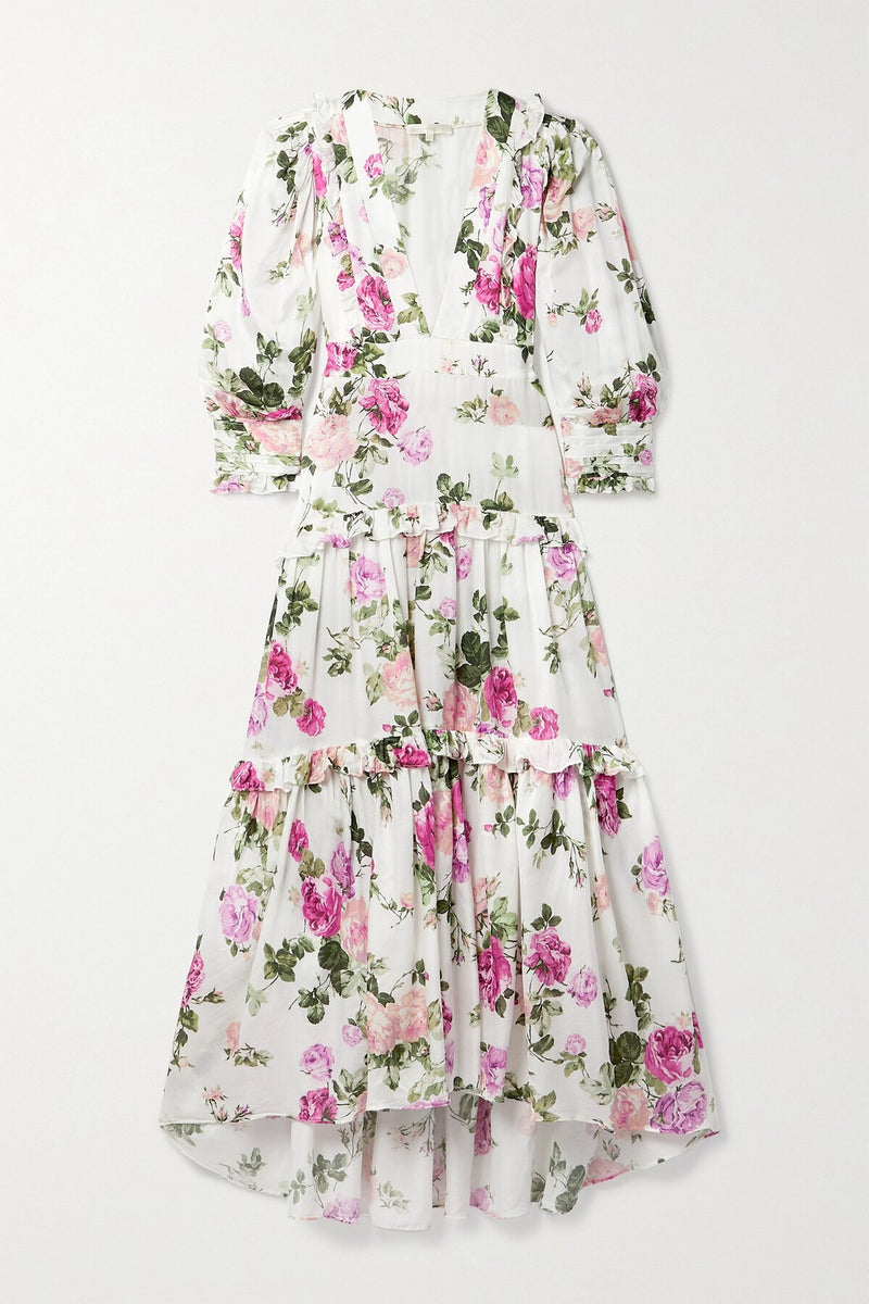 LOVESHACKFANCY - Lorencia Belted Ruffled Floral-Print Matte-Satin Maxi Dress