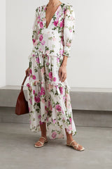 LOVESHACKFANCY - Lorencia Belted Ruffled Floral-Print Matte-Satin Maxi Dress