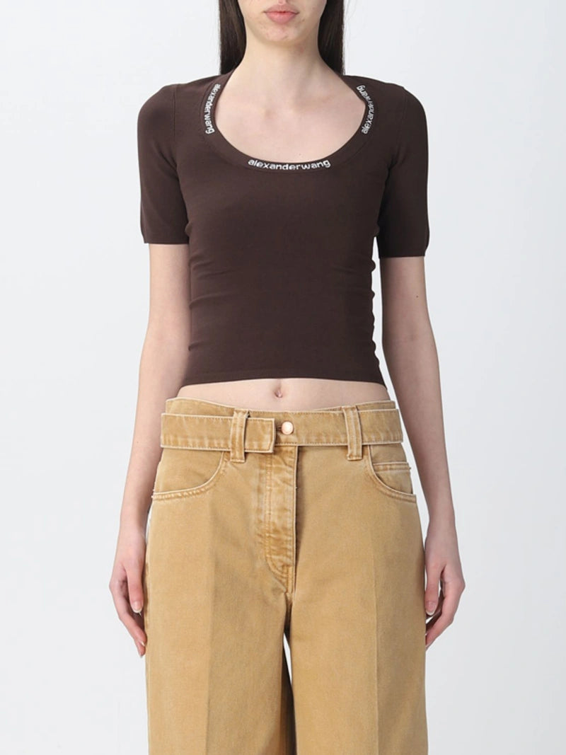 Alexander Wang Logo Jacquard Short-Sleeve Tee In Stretch Knit Black