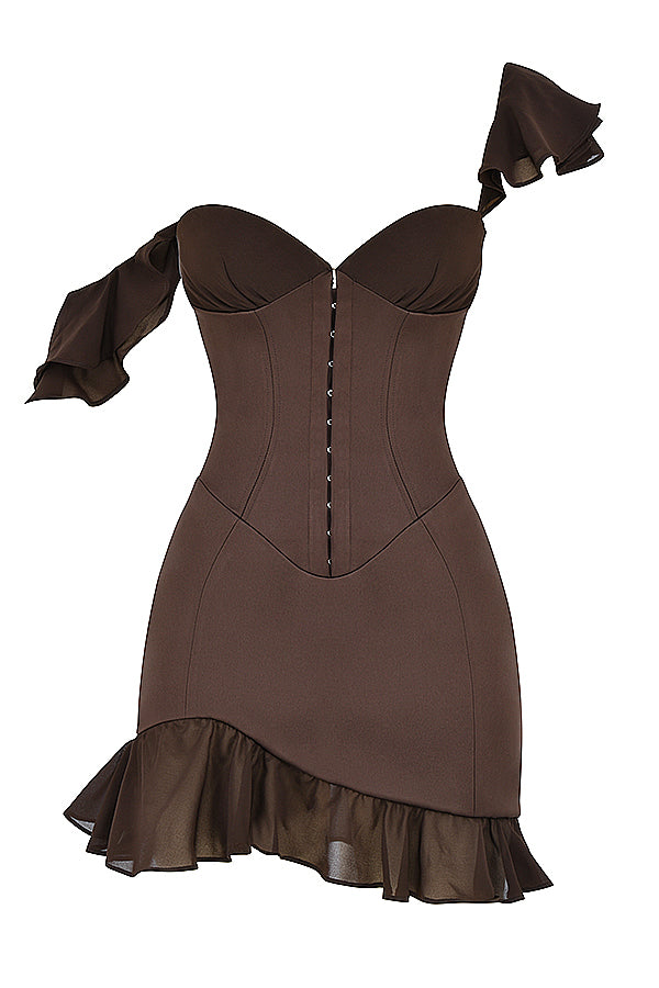 House of CB - Dionne Ruffle Dress in Brown