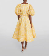 Linen-Silk Postcard Midi Dress - Yellow