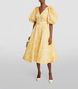 Linen-Silk Postcard Midi Dress - Yellow