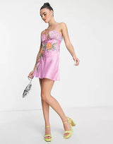 ASOS - ASOS DESIGN Bias Cut Mini Satin Dress with Floral Embellishment