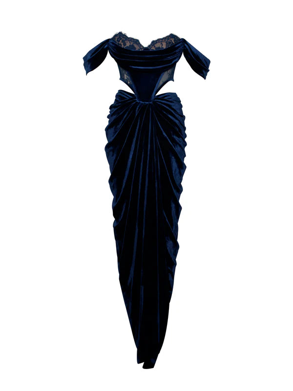Miss Circle - Quintessa Teal Lace Velvet Corset Off Shoulder Gown