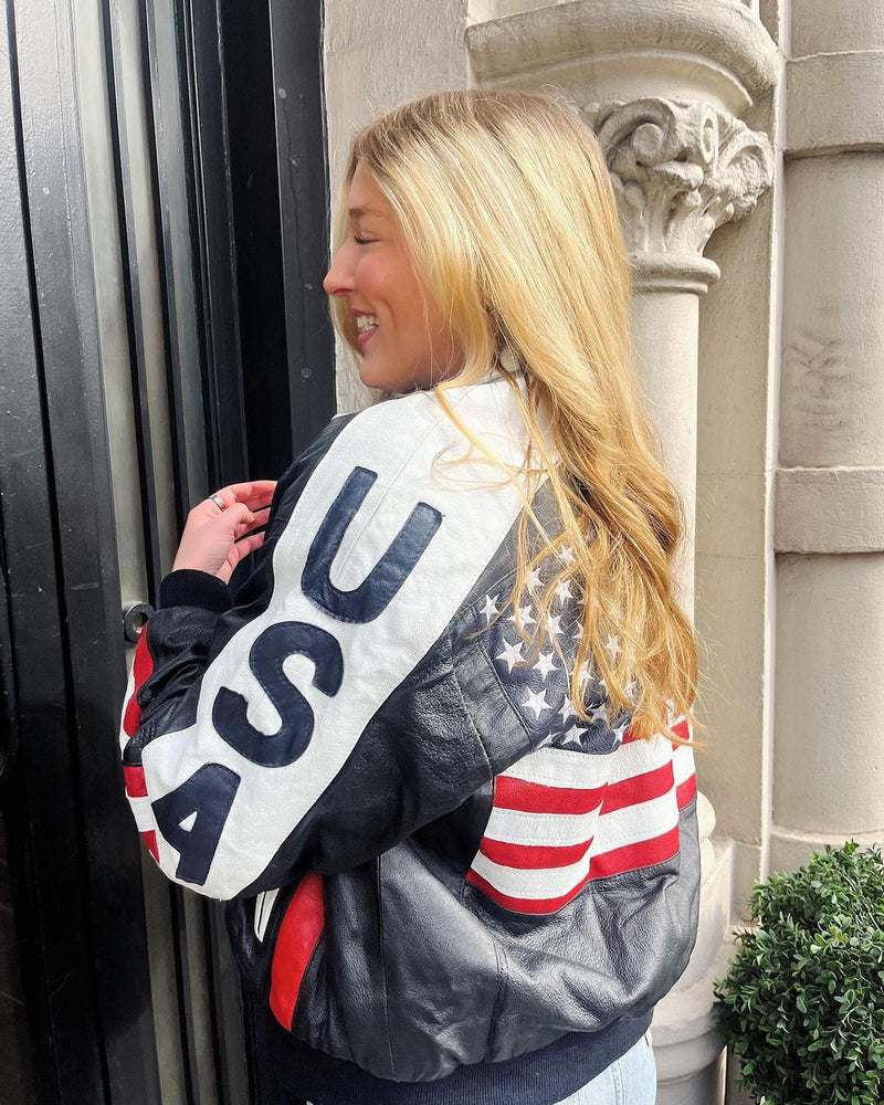 Vintage - Vintage USA Flag Leather Bomber Jacket