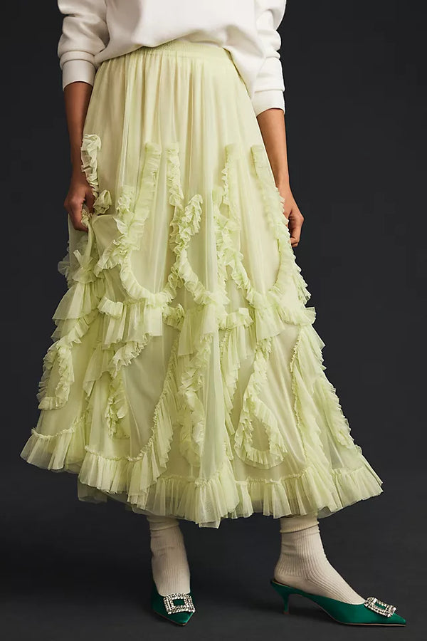 BY ANTHROPOLOGIE - Ruffled Tulle Skirt Green