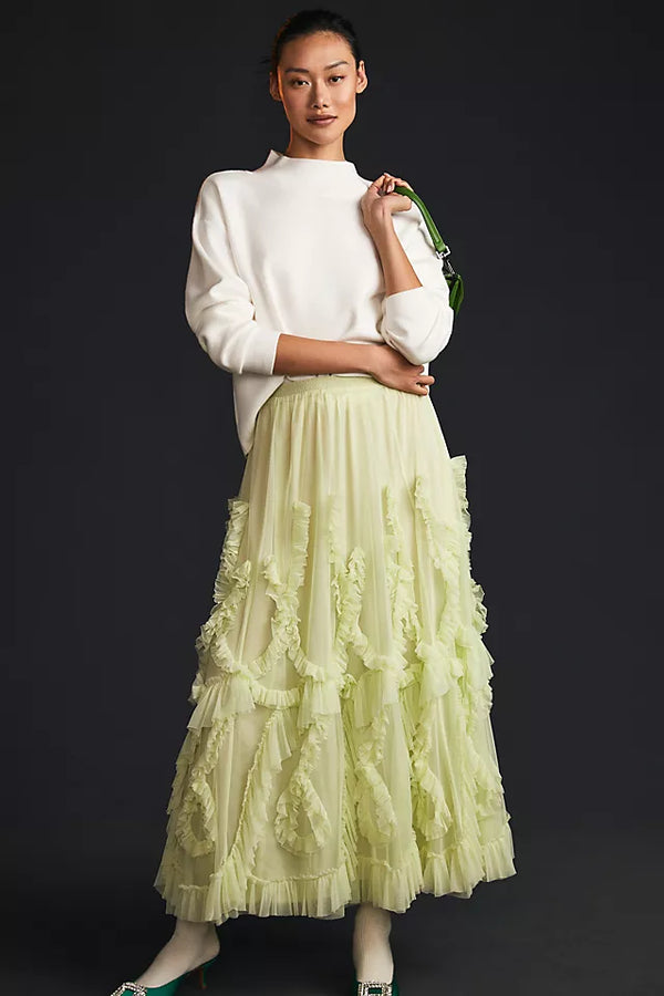 BY ANTHROPOLOGIE - Ruffled Tulle Skirt Green