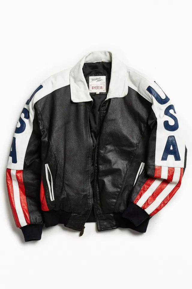 Vintage - Vintage USA Flag Leather Bomber Jacket