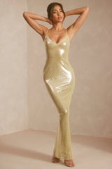 Oh POLLY - Sheer Sequin V-Neck Cut Out Back Evening Gown in Pistachio