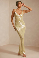 Oh POLLY - Sheer Sequin V-Neck Cut Out Back Evening Gown in Pistachio