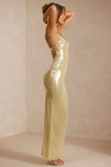 Oh POLLY - Sheer Sequin V-Neck Cut Out Back Evening Gown in Pistachio