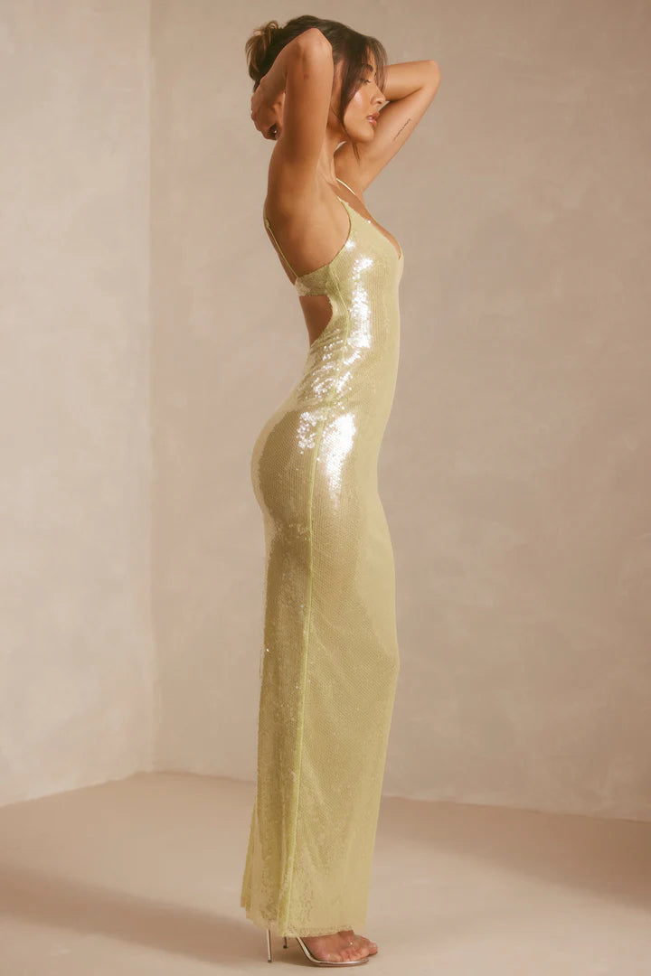 Oh POLLY - Sheer Sequin V-Neck Cut Out Back Evening Gown in Pistachio