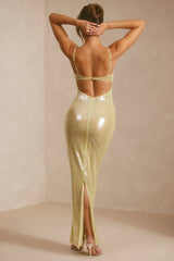 Oh POLLY - Sheer Sequin V-Neck Cut Out Back Evening Gown in Pistachio