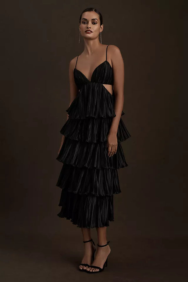 Carly Cushnie - Tiered Pleated V-Neck Cutout Midi Dress