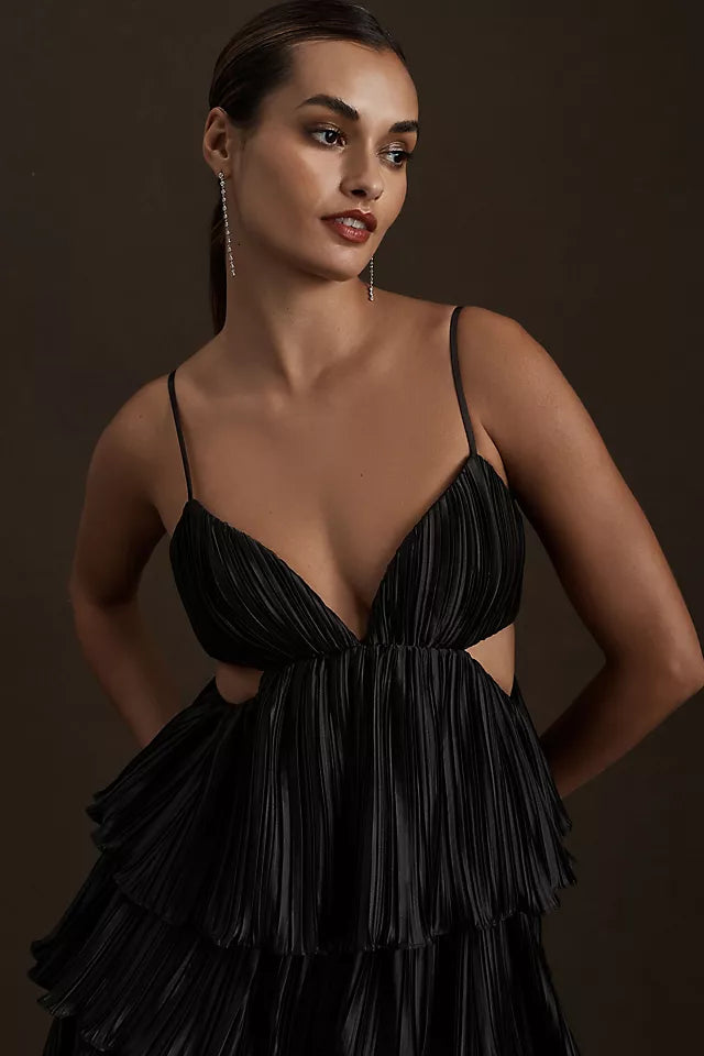 Carly Cushnie - Tiered Pleated V-Neck Cutout Midi Dress