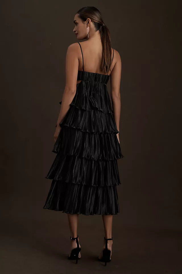 Carly Cushnie - Tiered Pleated V-Neck Cutout Midi Dress