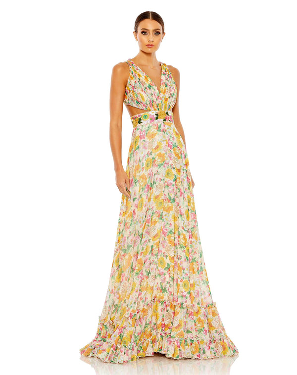 Mac Duggal - FLORAL PRINT CUT OUT LACE UP TIERED GOWN