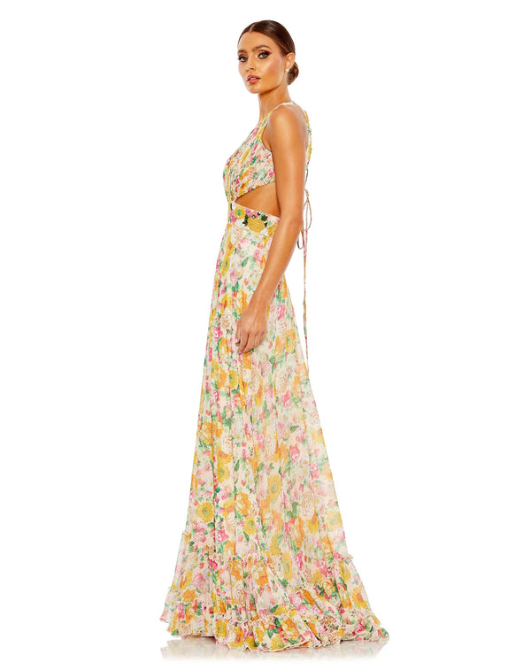Mac Duggal - FLORAL PRINT CUT OUT LACE UP TIERED GOWN