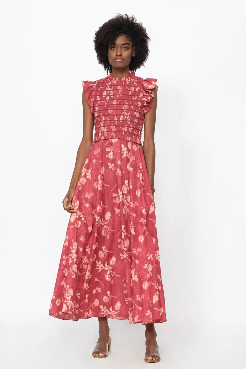 SEA - Monet Smocked Floral Maxi Red Dress