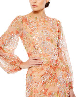 Mac Duggal - Apricot Sequined Floral Print Gown