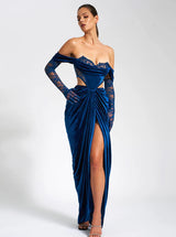 Miss Circle - Quintessa Teal Lace Velvet Corset Off Shoulder Gown