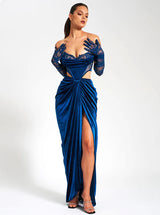 Miss Circle - Quintessa Teal Lace Velvet Corset Off Shoulder Gown