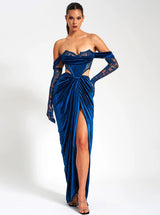 Miss Circle - Quintessa Teal Lace Velvet Corset Off Shoulder Gown