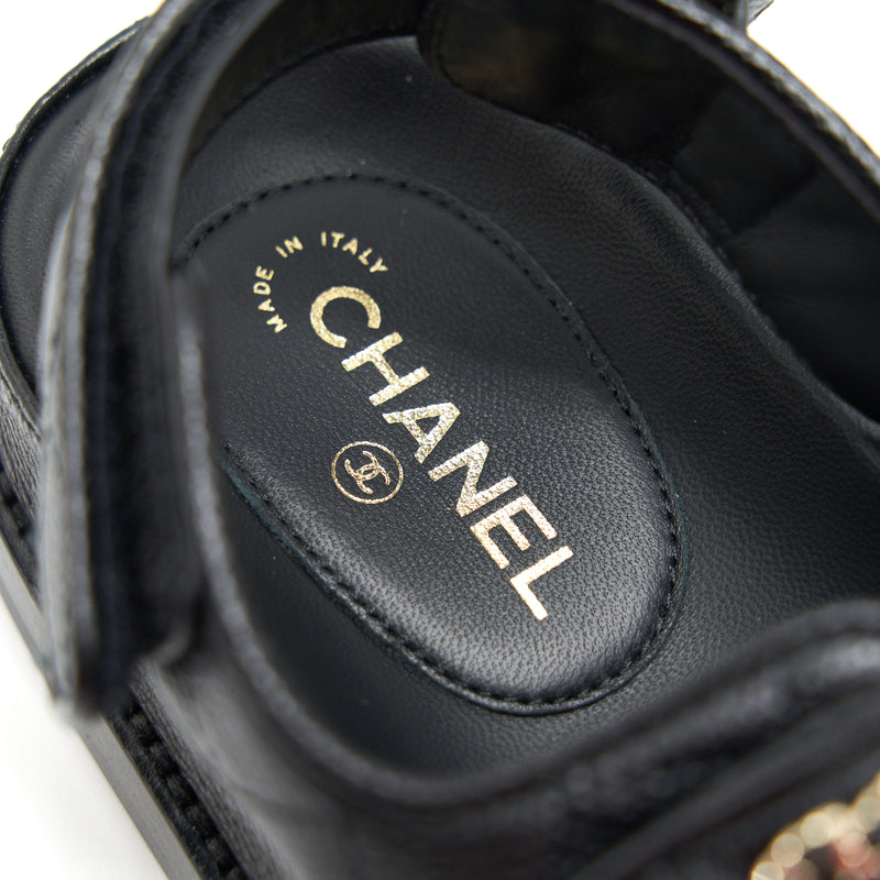 CHANEL Grained Calfskin Velcro Dad Sandals 37.5 Black 1277995