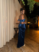Miss Circle - Quintessa Teal Lace Velvet Corset Off Shoulder Gown