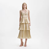 Self Portrait - Gold Metallic Tiered Midi Dress