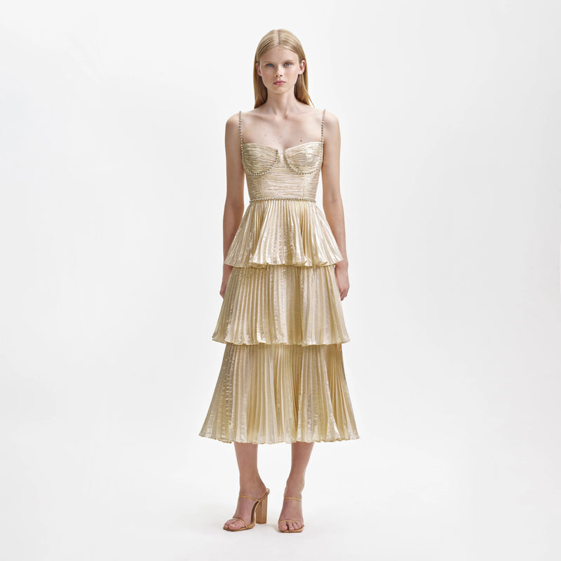 Self Portrait - Gold Metallic Tiered Midi Dress