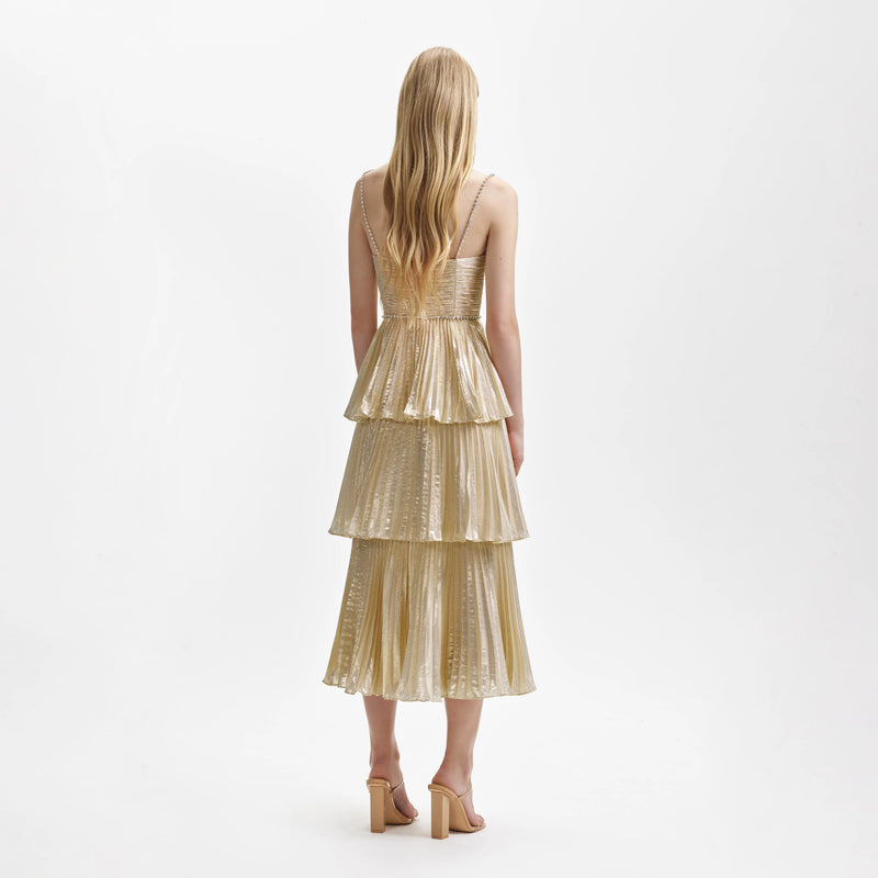 Self Portrait - Gold Metallic Tiered Midi Dress