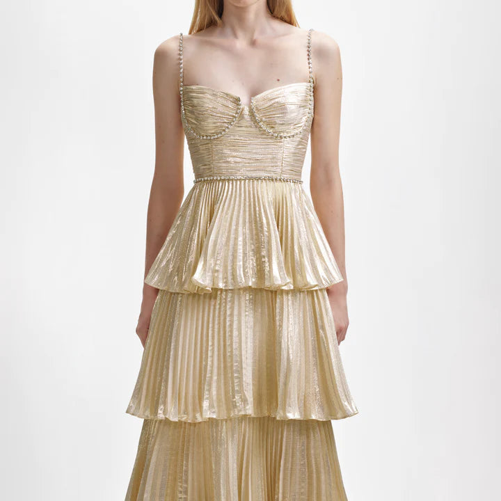 Self Portrait - Gold Metallic Tiered Midi Dress