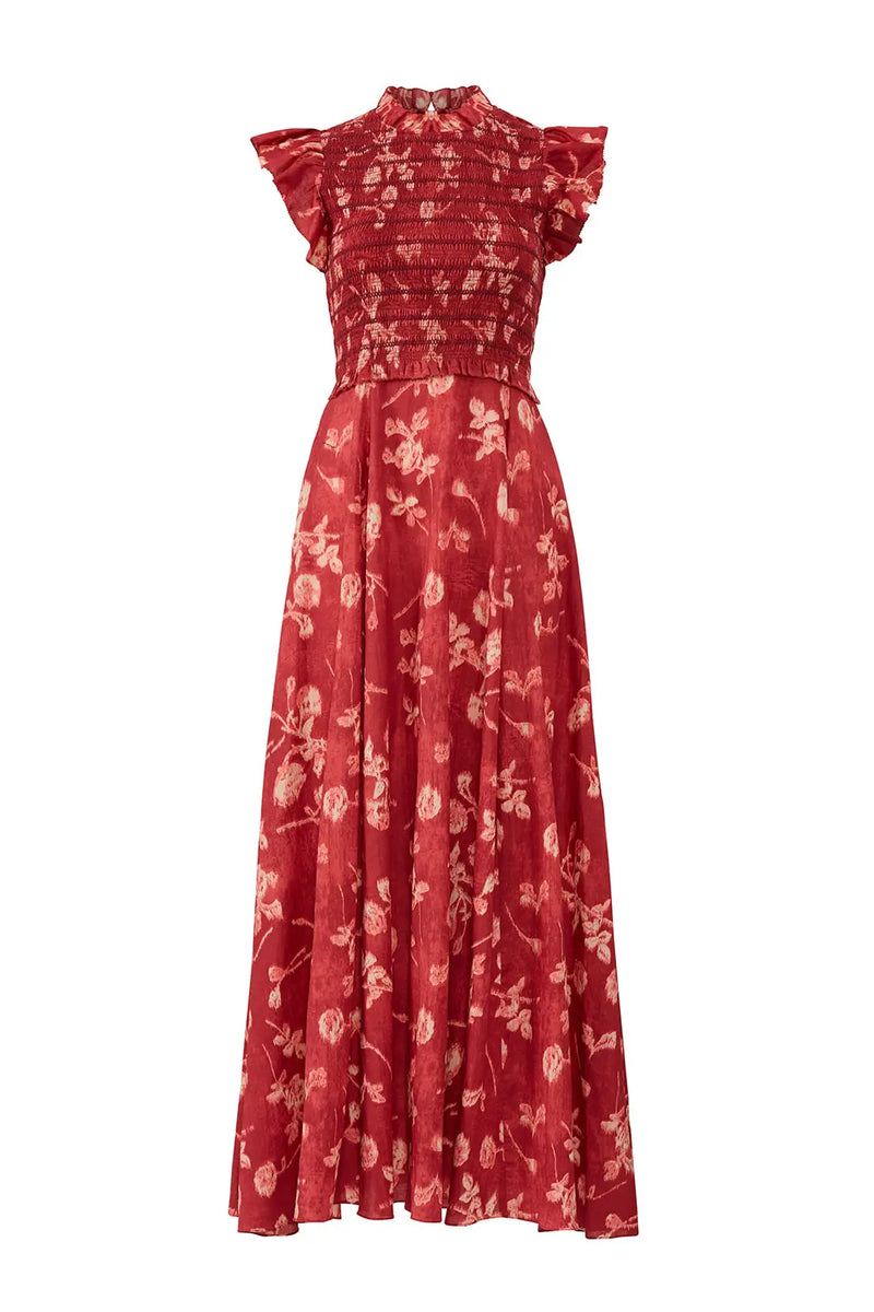 SEA - Monet Smocked Floral Maxi Red Dress