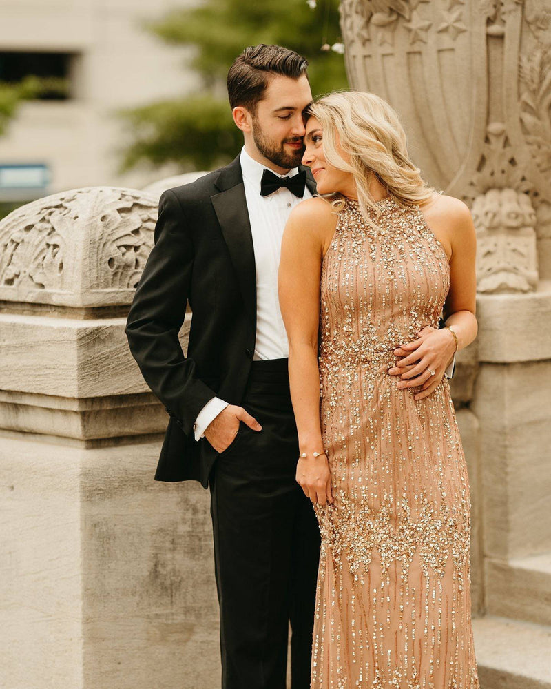 Beaded Column Gown with Mock Neckline in Rose Gold