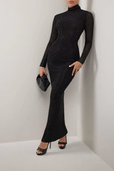 HEIRESS - BLACK CRYSTAL EMBELLISHED MESH TURTLENECK LINED MAXI DRESS