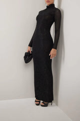 HEIRESS - BLACK CRYSTAL EMBELLISHED MESH TURTLENECK LINED MAXI DRESS