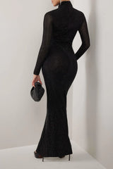 HEIRESS - BLACK CRYSTAL EMBELLISHED MESH TURTLENECK LINED MAXI DRESS