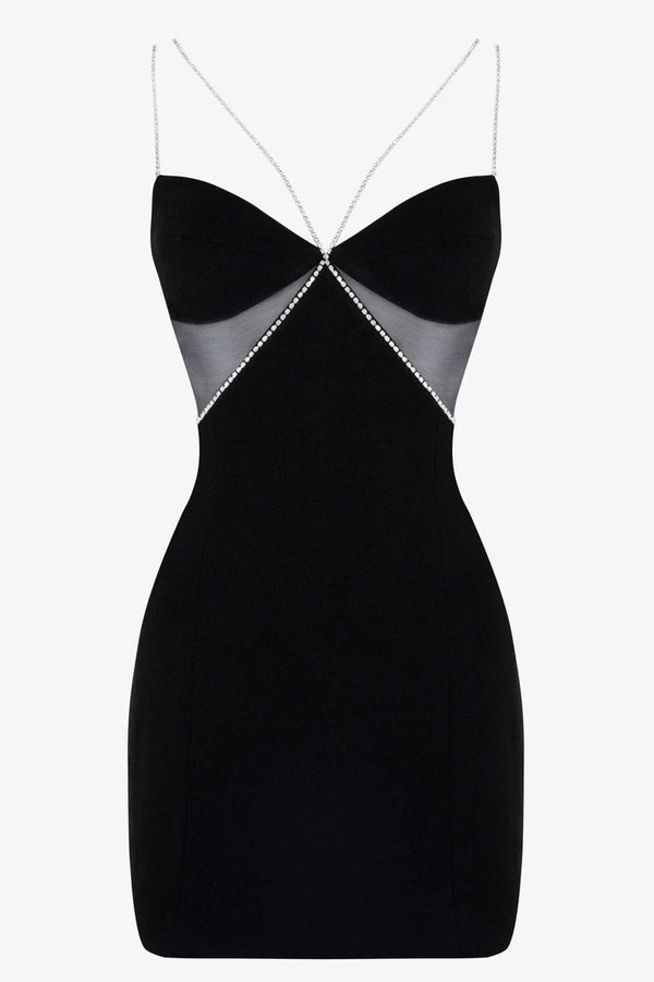 HEIRESS - BLACK DIAMANTE STRAP CUTOUT MINI DRESS