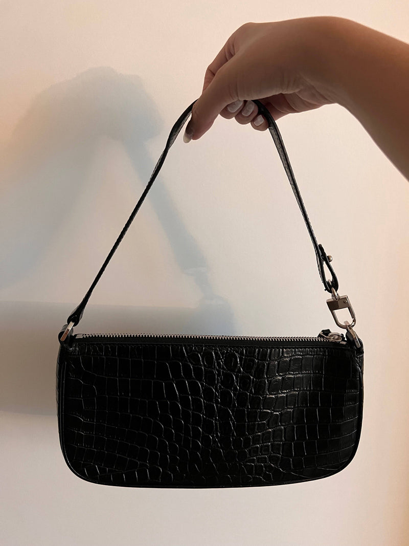 BY FAR - Rachel Croc-Embossed Shoulder Bag in Black