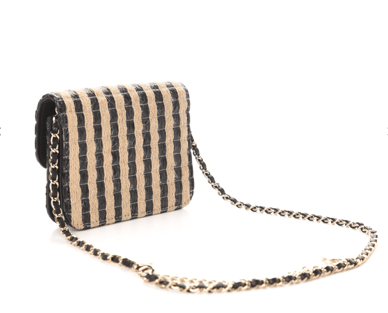 Chanel - Raffia Jute Striped Belt Bag Black Beige